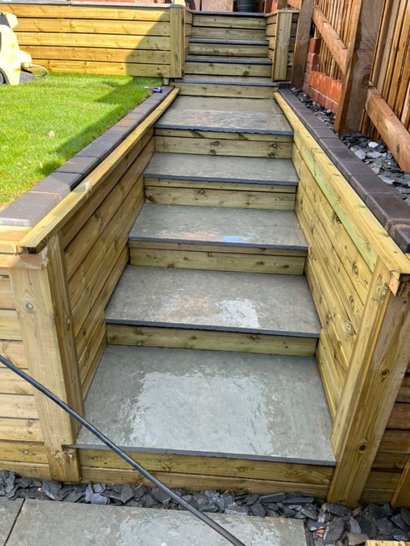 Stone garden steps with sleeper sides